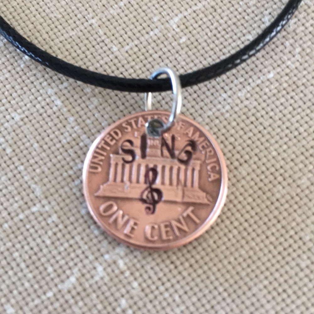 SING Stamped Penny Handcrafted Artisan Statement Necklace